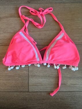 Pink Lily Neon Pink Triangle Bikini Top with White Pom Trim